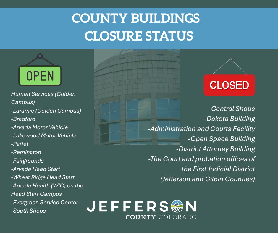 NOTICE: Jefferson County has a partial county closure today, Dec. 18, due to Xcel Energy’s ongoing Public Safety Power Shutoff (PSPS).  Parts of the Golden Campus, Evergreen, and other areas are still without power, so online services are available today.

However, some county