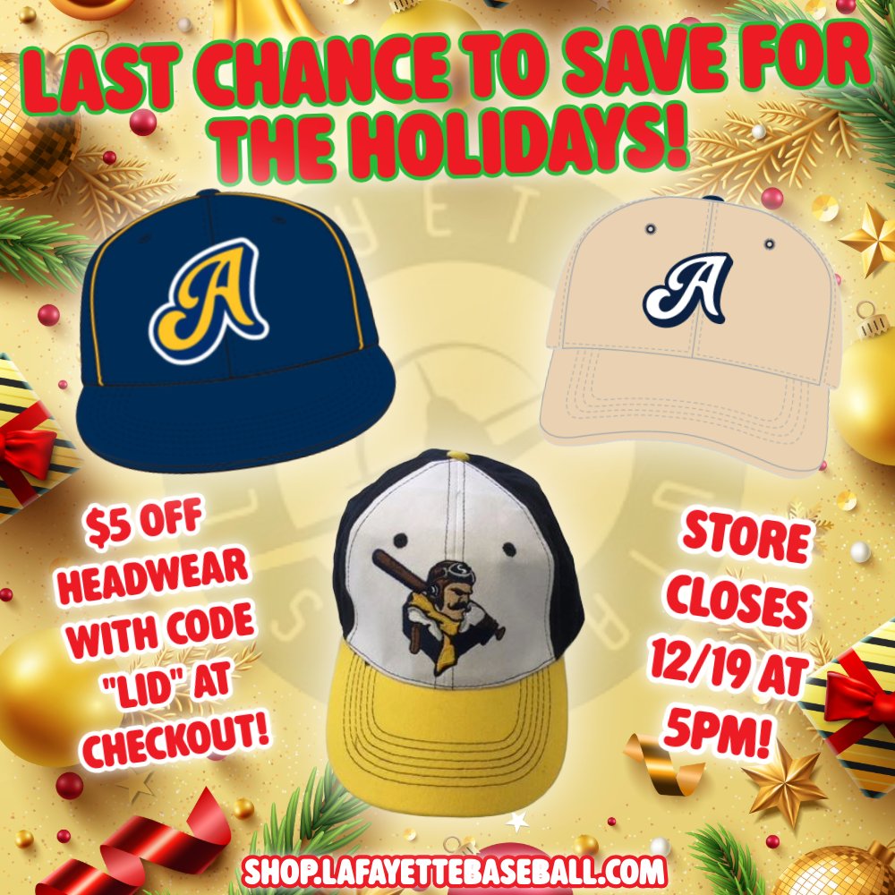 Lafayette_BSB's tweet photo. ๐It's your last chance to save for the holidays!๐
โผ๏ธThe Aviators' online store will CLOSE Friday at 5pm!โผ๏ธ
๐ฐSave $5 at check out with promo code "LID"!
๐https://t.co/sRLIx2V8fL๐
#aviators #AviatorsBaseball #LafayetteAviators https://t.co/gjvUR4Q0HJ