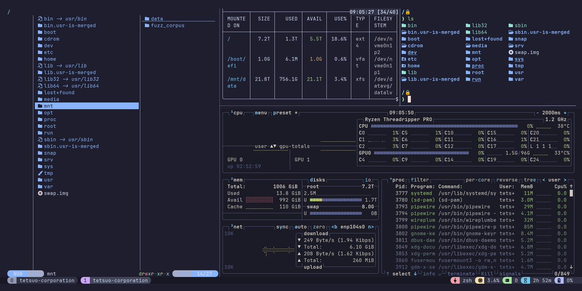 tetsuoai's tweet image. Stop using bulky GUIs. If you build software, live in the terminal.

neovim + AI auto-assist + grok-code-fast. Lock in. 🔒

The Setup:

Shell: zsh + oh-my-zsh + starship 
Multiplexer: tmux
Monitor: btop + proc + duf + dust
Nav: yazi + zoxide + fzf + eza mag 
Search: ripgrep + fd…