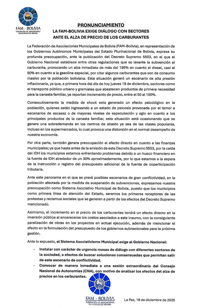 #Pronunciamiento <a href="/noticiasfides/">Agencia de Noticias Fides</a> <a href="/ErbolDigital/">ERBOL</a> <a href="/abi_bolivia/">Agencia Boliviana de Información - ABI</a> <a href="/LaRazon_Bolivia/">La Razón Digital</a> <a href="/grupoeldeber/">EL DEBER</a> <a href="/Canal_BoliviaTV/">Bolivia Tv Oficial</a> <a href="/LosTiemposBol/">Los Tiempos</a> <a href="/rtp_bolivia/">RTP Bolivia</a> <a href="/ATBDigital/">ATB</a> <a href="/Urgentebo/">Urgente.bo</a> <a href="/ContBolivia/">Contacto Bolivia</a> <a href="/eldiario_net/">EL DIARIO DE BOLIVIA</a>
<a href="/f10hdbolivia/">F10HD Bolivia</a> <a href="/elpotosinet/">El Potosí</a> <a href="/ejutv/">eju.tv</a> <a href="/PlusTLT/">PlusTLT</a> <a href="/GrupoFides/">Radio Fides Bolivia</a> <a href="/correodelsurcom/">Correo del Sur</a>