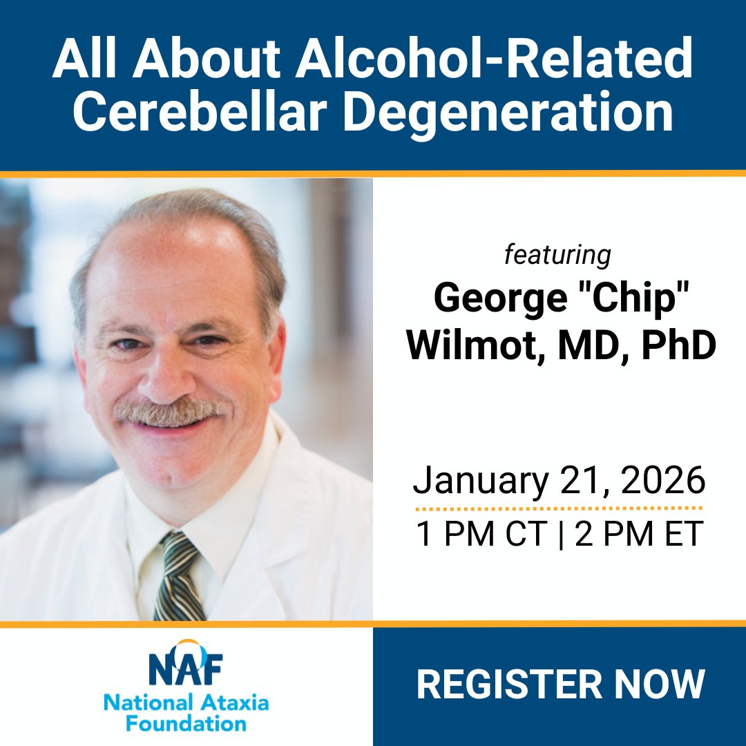 NAF_Ataxia's tweet image. Living with alcohol-related cerebellar degeneration can raise many questions. This webinar offers expert insight into diagnosis, care options, and ongoing research. Join us on Wednesday, January 21st at 1pm Central to learn more.

Register: us02web.zoom.us/webinar/regist…