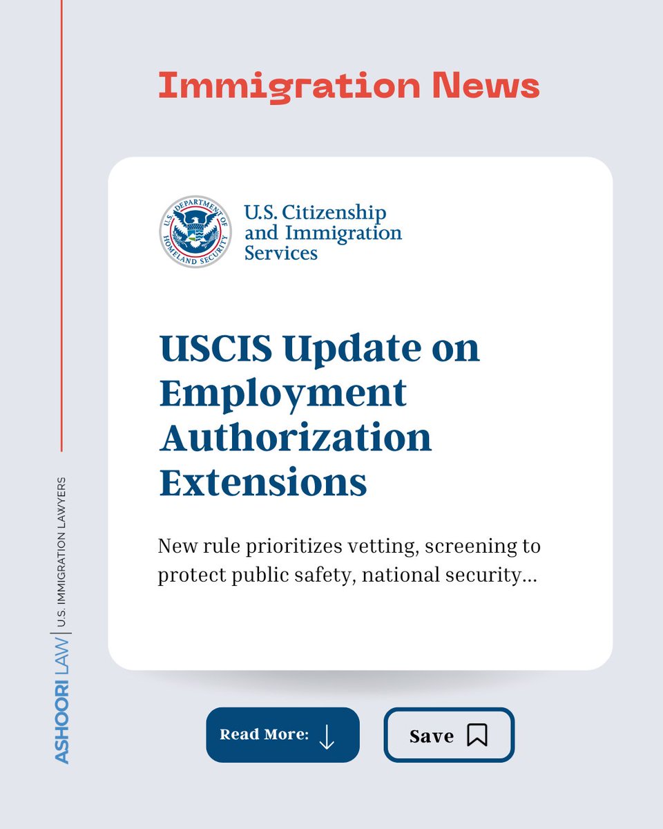 AshooriLaw's tweet image. DHS/USCIS announced an interim final rule affecting automatic EAD extensions.
For many applicants, the 540-day auto-extension no longer applies to Form I-765 renewals filed on/after Oct 30, 2025. Earlier filings may still qualify by category.
#ImmigrationNews #EAD #WorkPermit