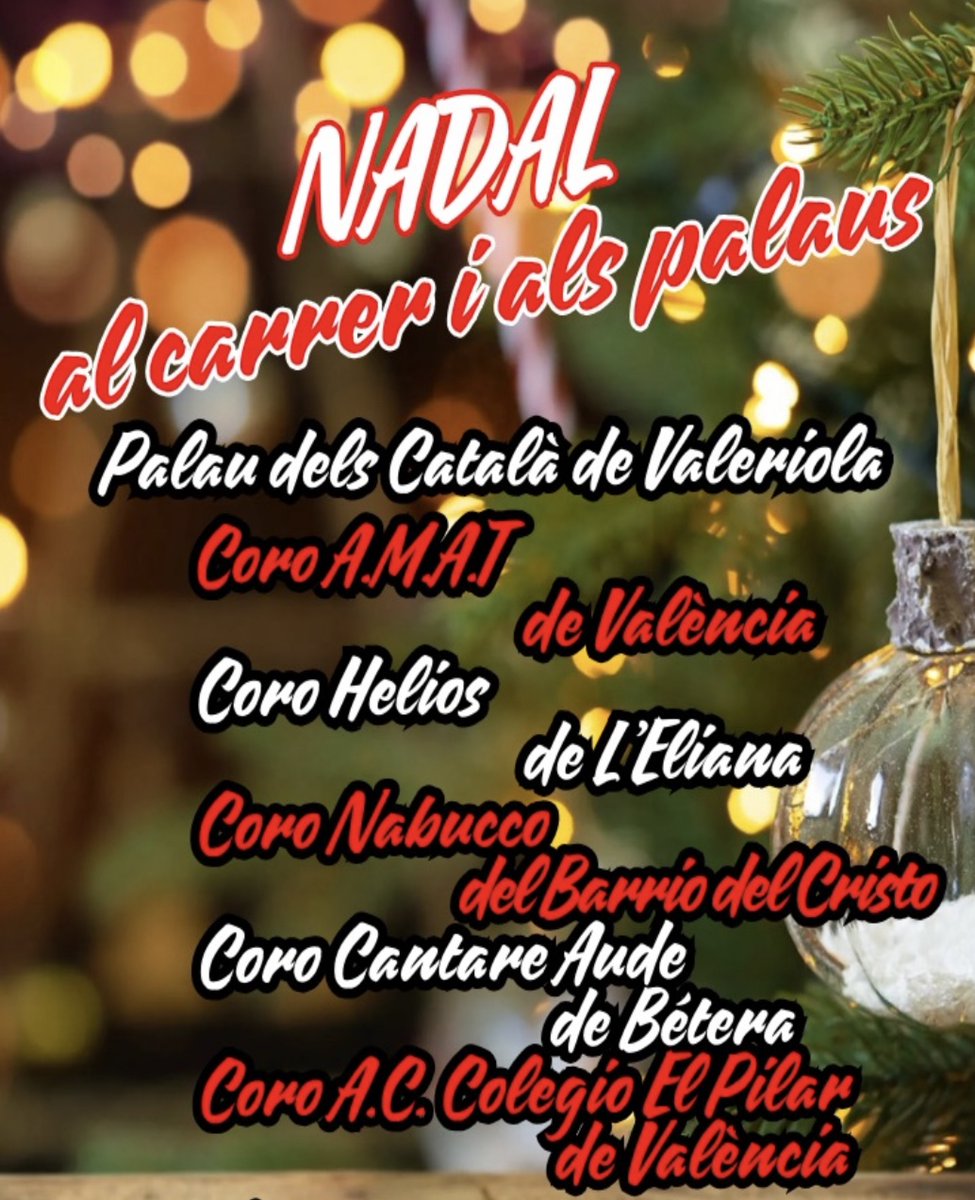 corocantareaude's tweet photo. El sábado 20 de diciembre a las 17’30h el Coro Cantare Aude participa en la campaña NADAL AL CARRER I ALS PALAUS.
Cantaremos en el Palau dels Català de Valeriola, de la plaza de Nules de Valencia. https://t.co/oGe6oGxZ5X