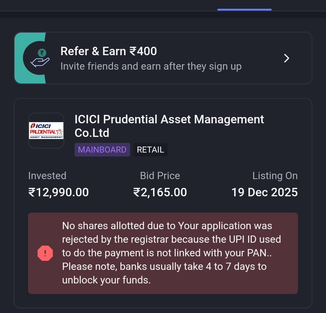TanweerAzam7's tweet photo. I am unable to understand the situation. I applied two ICICI Prudential AMC IPO, for both applications through a third party. One application has been allocated, while the other has been rejected by the registrar.
@DrRomeetSaha @Team_IPOMantra @AngelOne https://t.co/2fxmEP0hJw