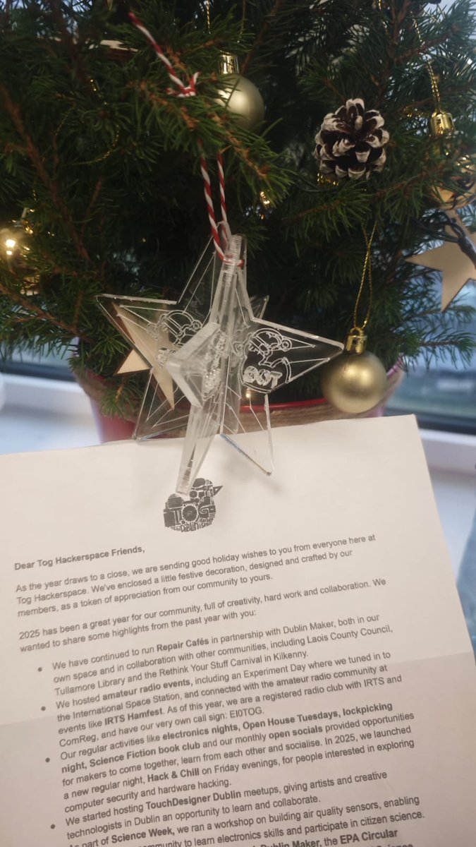 TOG_Dublin's tweet photo. Did you know we used upcycled acrylic for this year’s Tog Christmas decorations?

The acrylic started life as donated bookshelves in the space, now it’s a festive laser cut cheer. We also filled up the sheets with extra bits to cut down on waste. 🦆
 https://t.co/tiPlKdRcsu https://t.co/oxYTqLBMtH