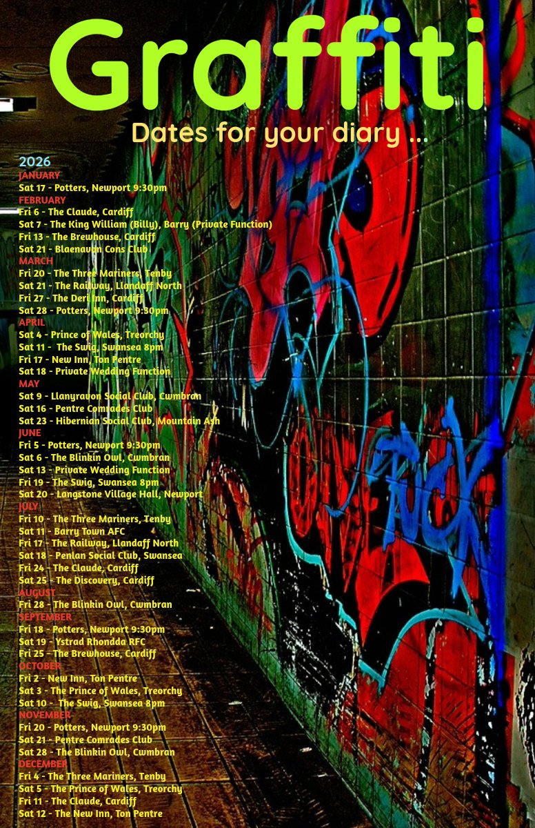 graffitipoprock's tweet photo. @graffitipoprock ... So here's looking at what's on (so far) next year #poprockfunkreggae #coverband #livemusic https://t.co/97HDLrPXna