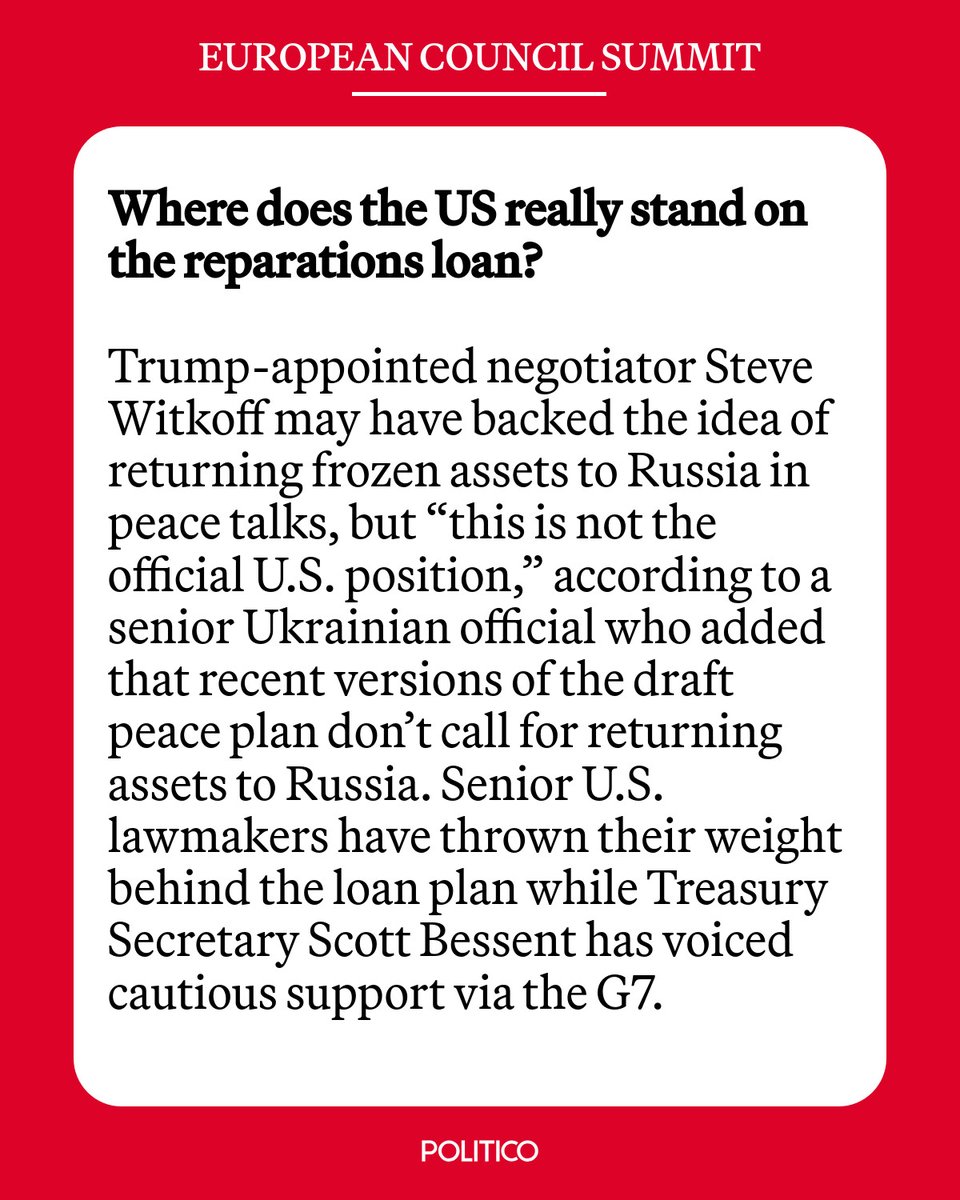 POLITICOEurope's tweet photo. A leaked U.S. plan calling for frozen assets to be returned to Russia led many in Europe to conclude Washington was against the EU’s reparations loan plan. 

The reality is more complicated 👇

European leaders are still discussing the plan, follow live: https://t.co/8Lj2pcUN5U https://t.co/JOs4PjzBaF