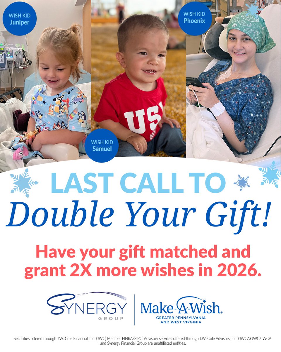 MakeAWishPAWV's tweet photo. As we wait for the clock to strike midnight, closing out 2025, there are wish kids in our chapter waiting for their own life-changing wishes in 2026. 💗
This is your LAST CHANCE to have your gift matched through the Synergy Group⏰ 
https://t.co/9rMqZdGlBj https://t.co/2LFLLcR2G1