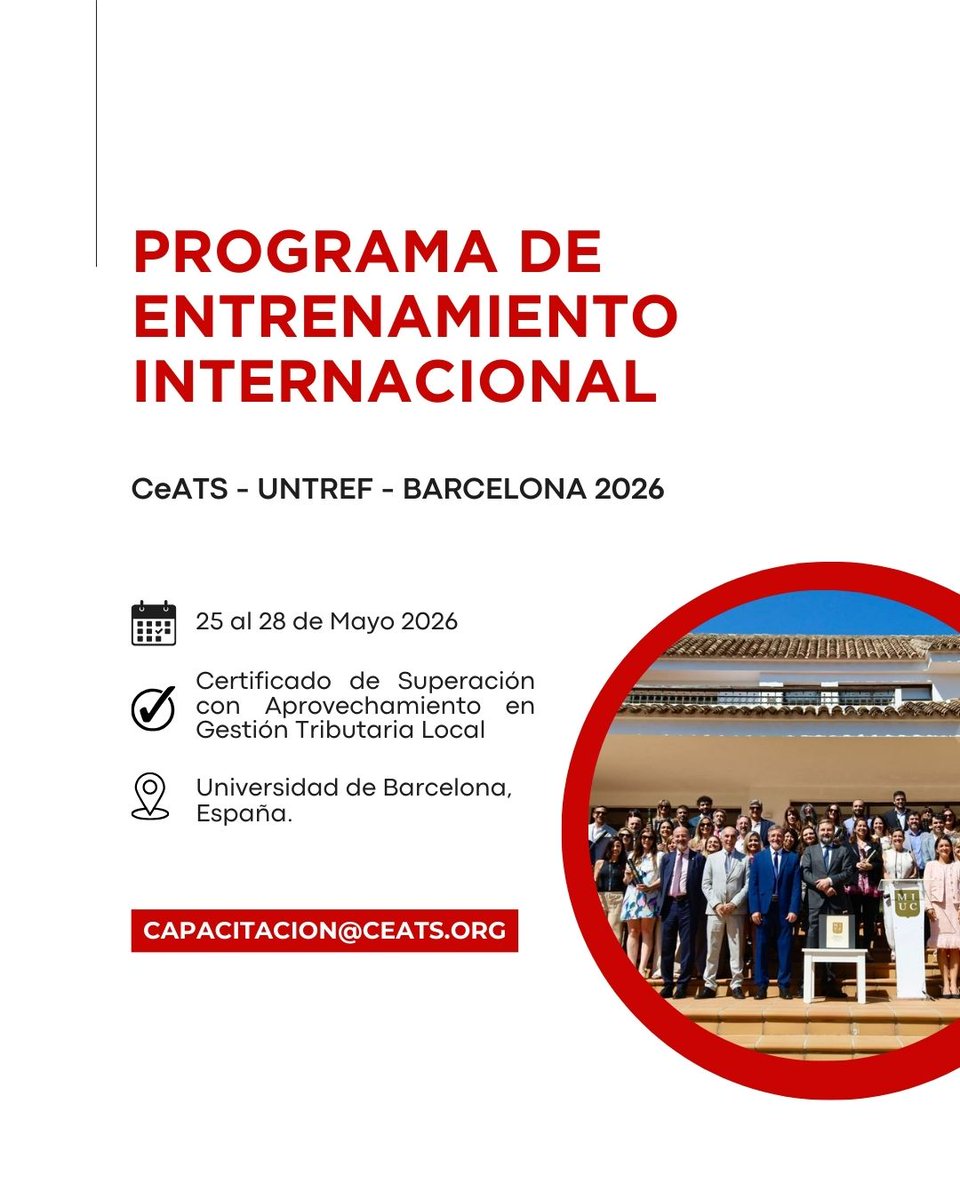 El CeATS anuncia la apertura de inscripciones al Programa de Entrenamiento Internacional CeATS–UNTREF–Barcelona.
📍 Universidad de Barcelona, España
🗓️ 25 al 28 de mayo
👥 Beneficio exclusivo para agentes de Jurisdicciones Miembro CeATS.