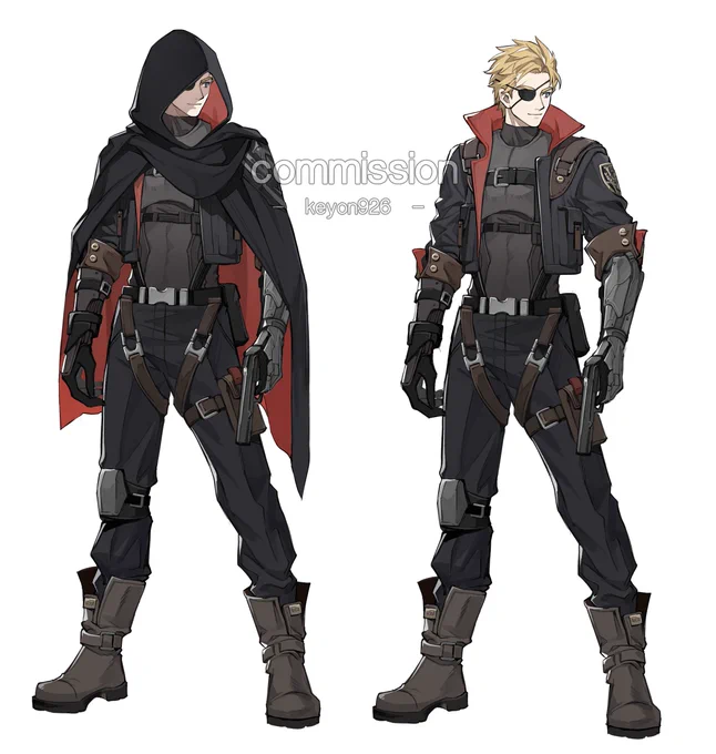 Commission Batch # 7 This is a fanart commission. The client wanted an AU outfit design for their favorite characters (a CP), with some references to Metal Gear Solid.