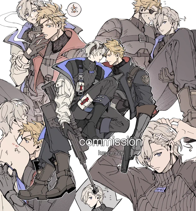 Commission Batch # 7 This is a fanart commission. The client wanted an AU outfit design for their favorite characters (a CP), with some references to Metal Gear Solid.