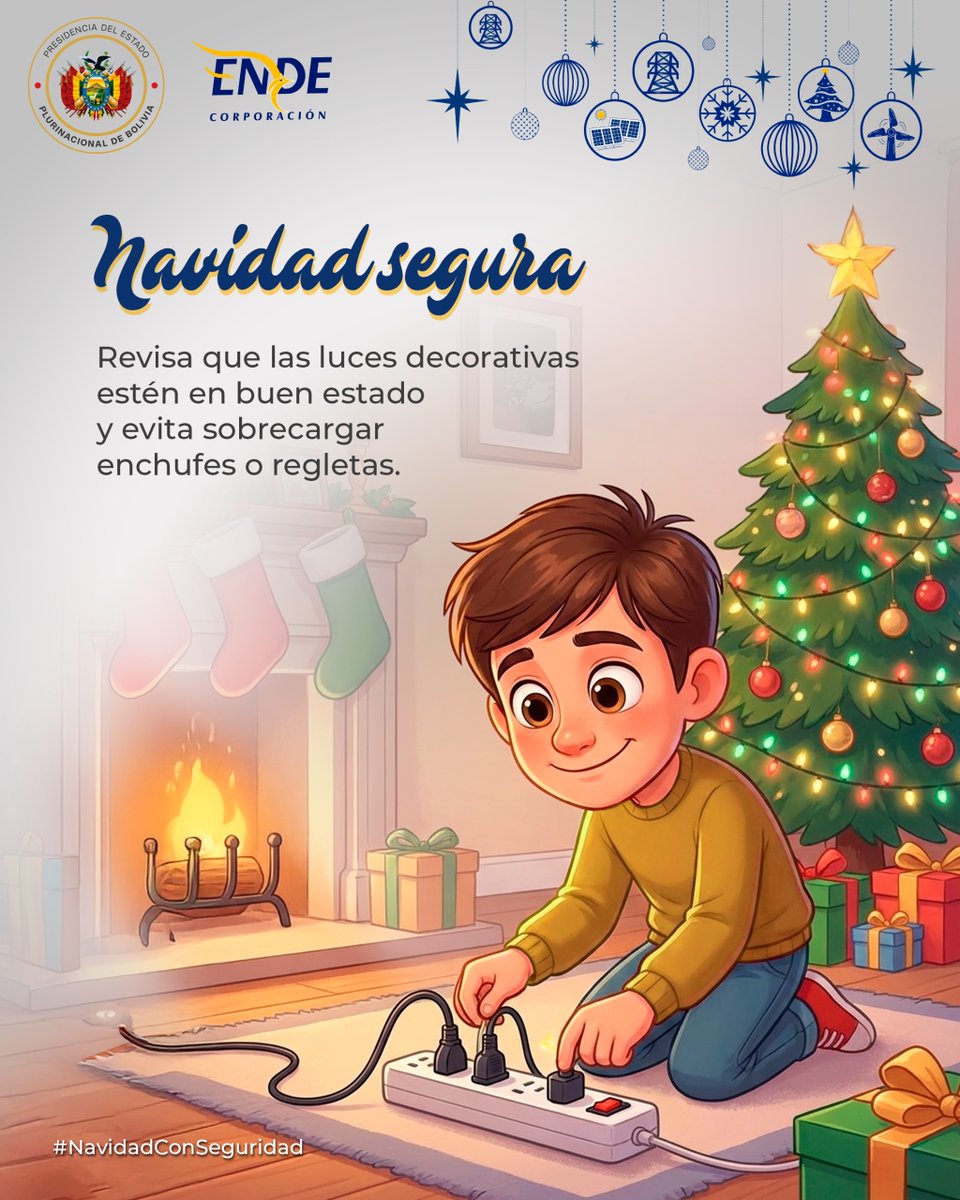 #NavidadConSeguridad | La Empresa Nacional de Electricidad - ENDE Corporación recuerda a la población la importancia de celebrar una Navidad segura, revisando que las luces decorativas estén en buen estado y evitando la sobrecarga de enchufes o regletas.

#SiempreBolivia
#ENDE