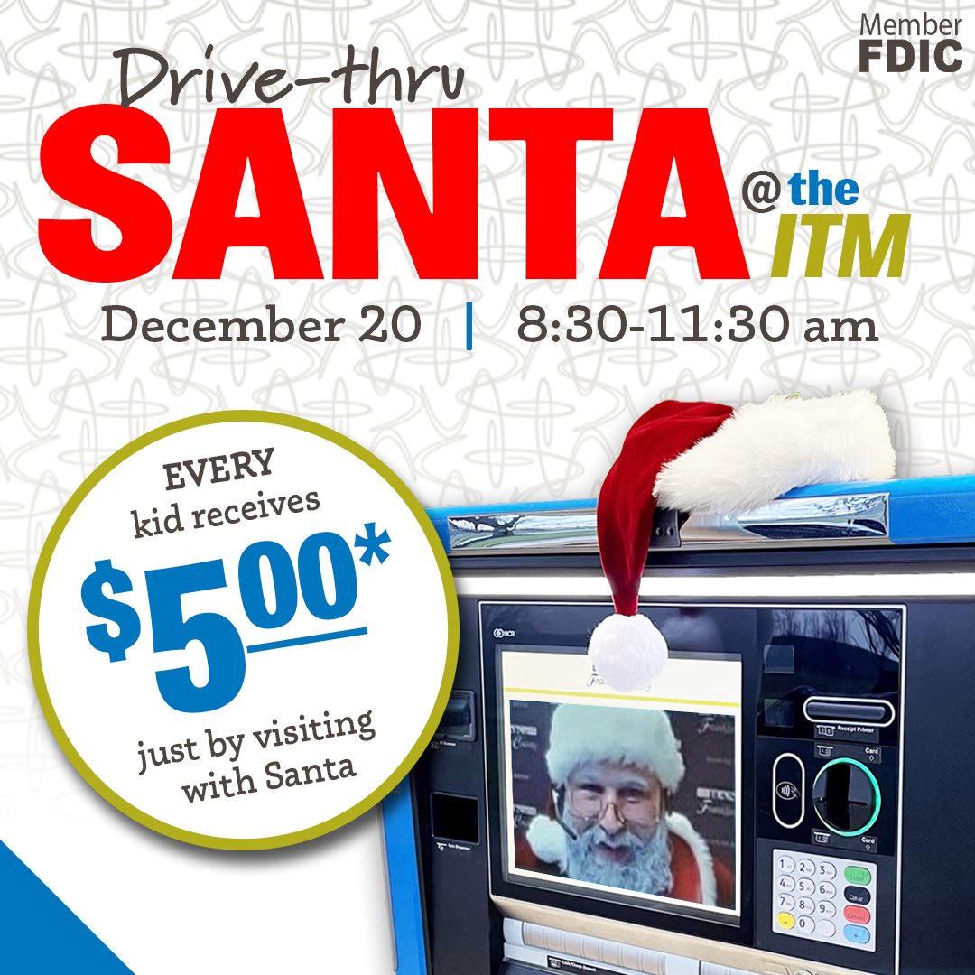 Bank_of_Frank's tweet photo. 🎅 Santa’s making a stop at BFC before Christmas! Join us at any BFC branch THIS SATURDAY from 8:30–11:30 AM! Have have a fun chat with Santa before his big night. 🎄 Every child will leave with a gift of $5, straight from Santa (and BFC)! 🎁

Event Link: https://t.co/3YOw0QIv0x https://t.co/Za5RMw4Xi3