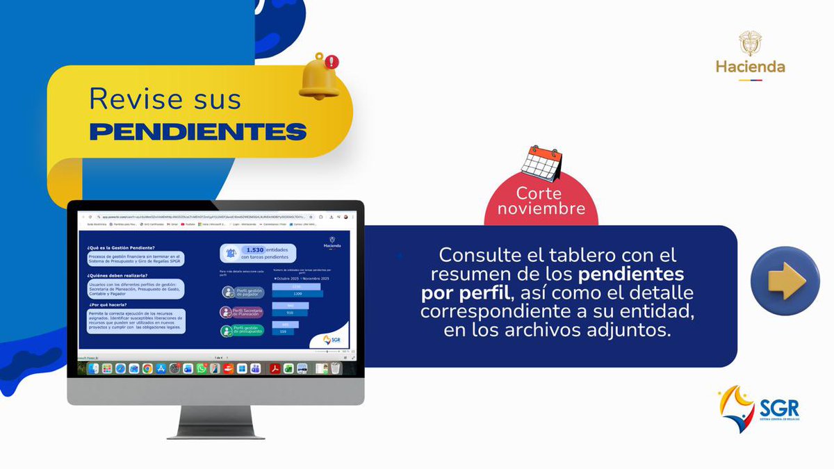 🔔 Atención entidades ejecutoras consulten el tablero Power Bi de gestión pendiente, herramienta de información que consolida las tareas pendientes por cada perfil, facilitando la gestión y el seguimiento de sus compromisos por realizar. 
👇🏾
 minhacienda.gov.co/sgr/gestion-pe…