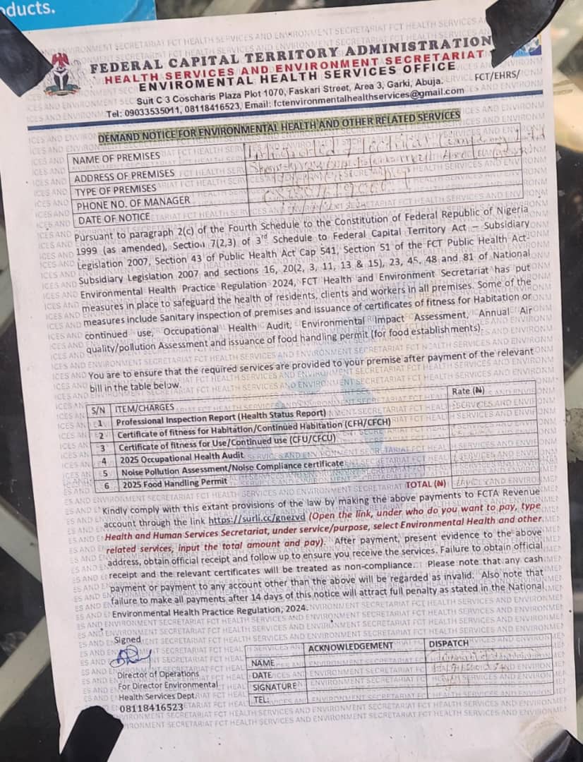 Tinubu’s anti-people agenda has reached satanic proportions. This is a notification from the FCTA and pasted in front of a small business office at a plaza in Zone 11 Area of Abuja informing  business owners that they will be charging generator noise pollution fees going forward.