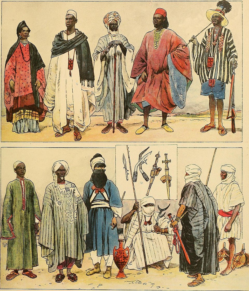 rhaplord's tweet photo. 'History of Costumes' 
ca. 1905

First row:

1) Rich woman from Senegal (2) Fulbe man
(3) Hausa nobleman (4) man from southern Morocco
(5) Caravan leader from Senegal

Second row:

1) Man from Kordofan (2) Man from Bornu (3) Tuareg man (4) Tibbu man (5) Tibbu men https://t.co/TGTs6PR8lL
