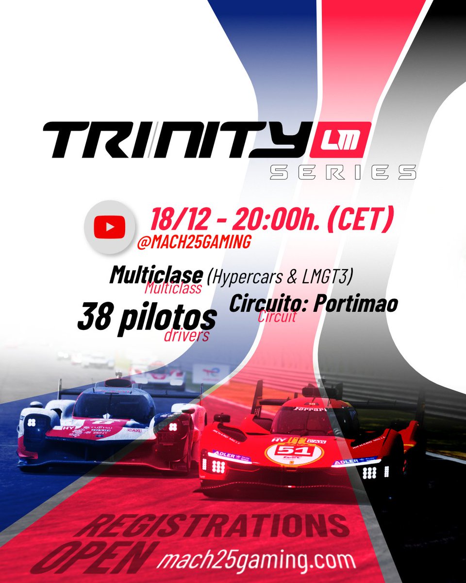 #DiaDeCarrera

🏆 Dia de carrera de las #TrinitySeries de <a href="/Mach25Gaming/">Mach25 Gaming</a> 

🕹Le Mans Ultimate
🛣 Circuito del Algarve

👤 <a href="/VictorConejo24/">Victor Conejo</a>
🚘 BMW M4 GT3

⏰️ 20:00
📺 youtube.com/@mach25gaming?…