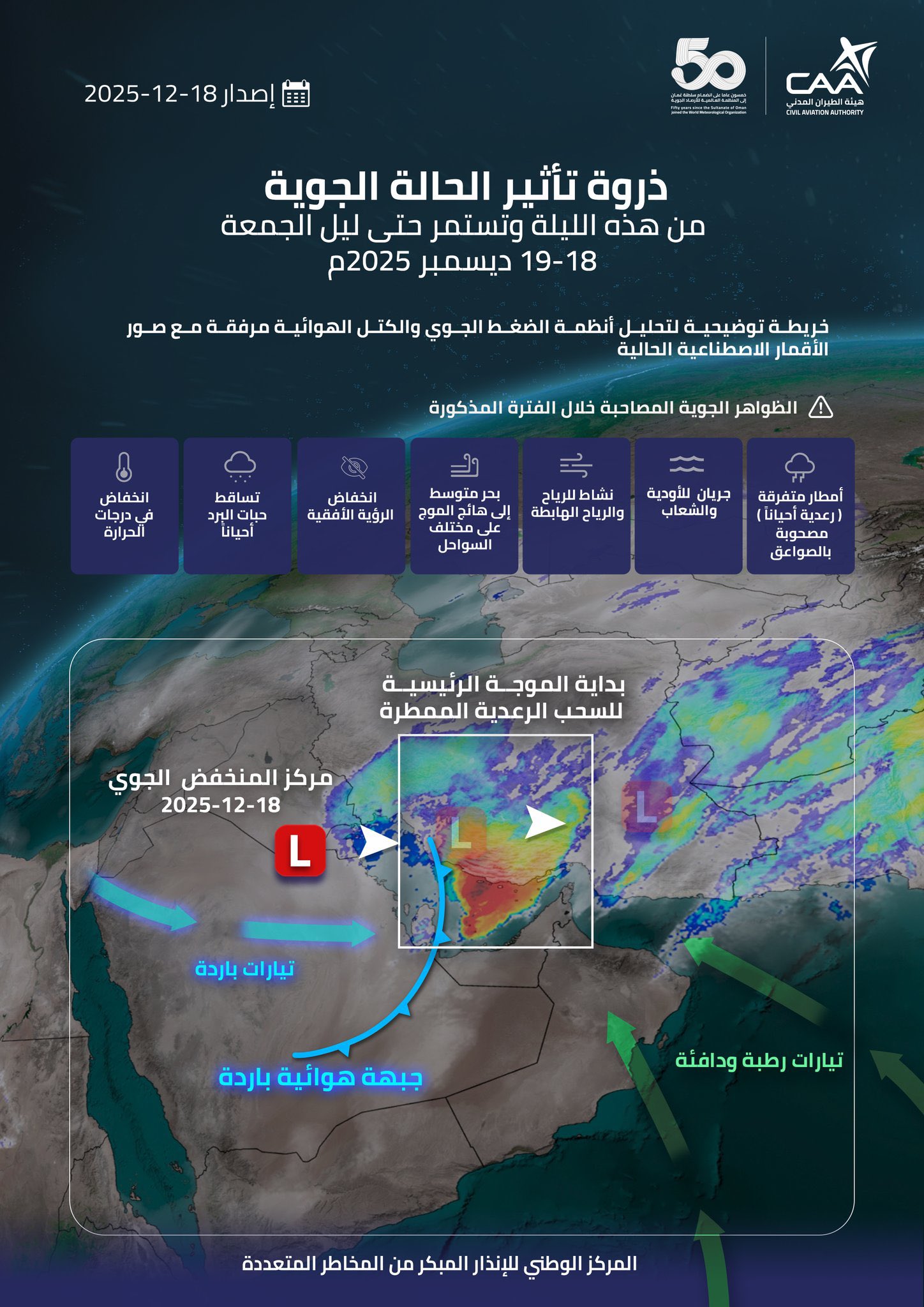 ذروة تأثير الحالة الجوية. هذه الليلة وتستمر حتى ليلة غد الجمعة 19-18 ديسمبر 2025م 