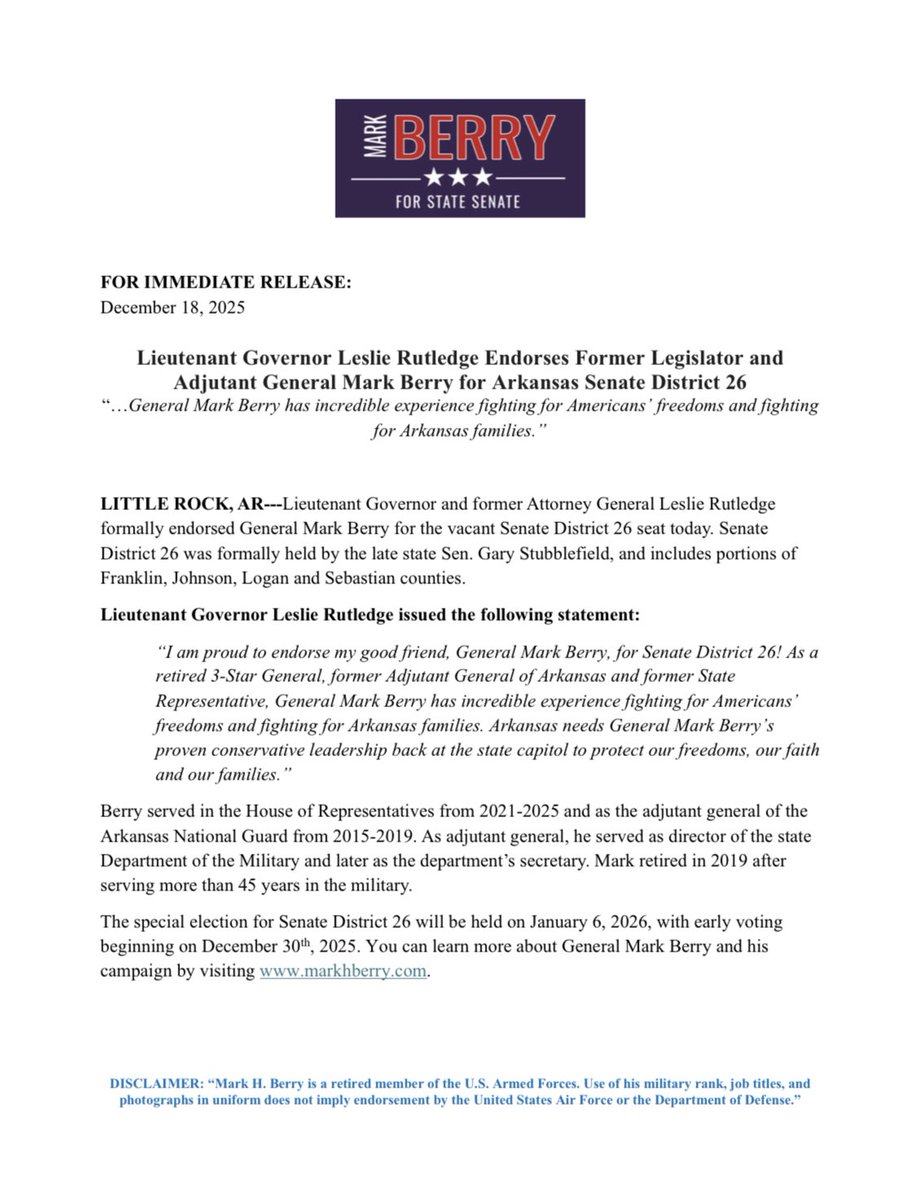 darBdee's tweet image. 🚨 ENDORSMENT ALERT🚨 

Lieutenant Governor Leslie Rutledge Endorses Former Legislator and Adjutant General Mark Berry for Arkansas Senate District 26