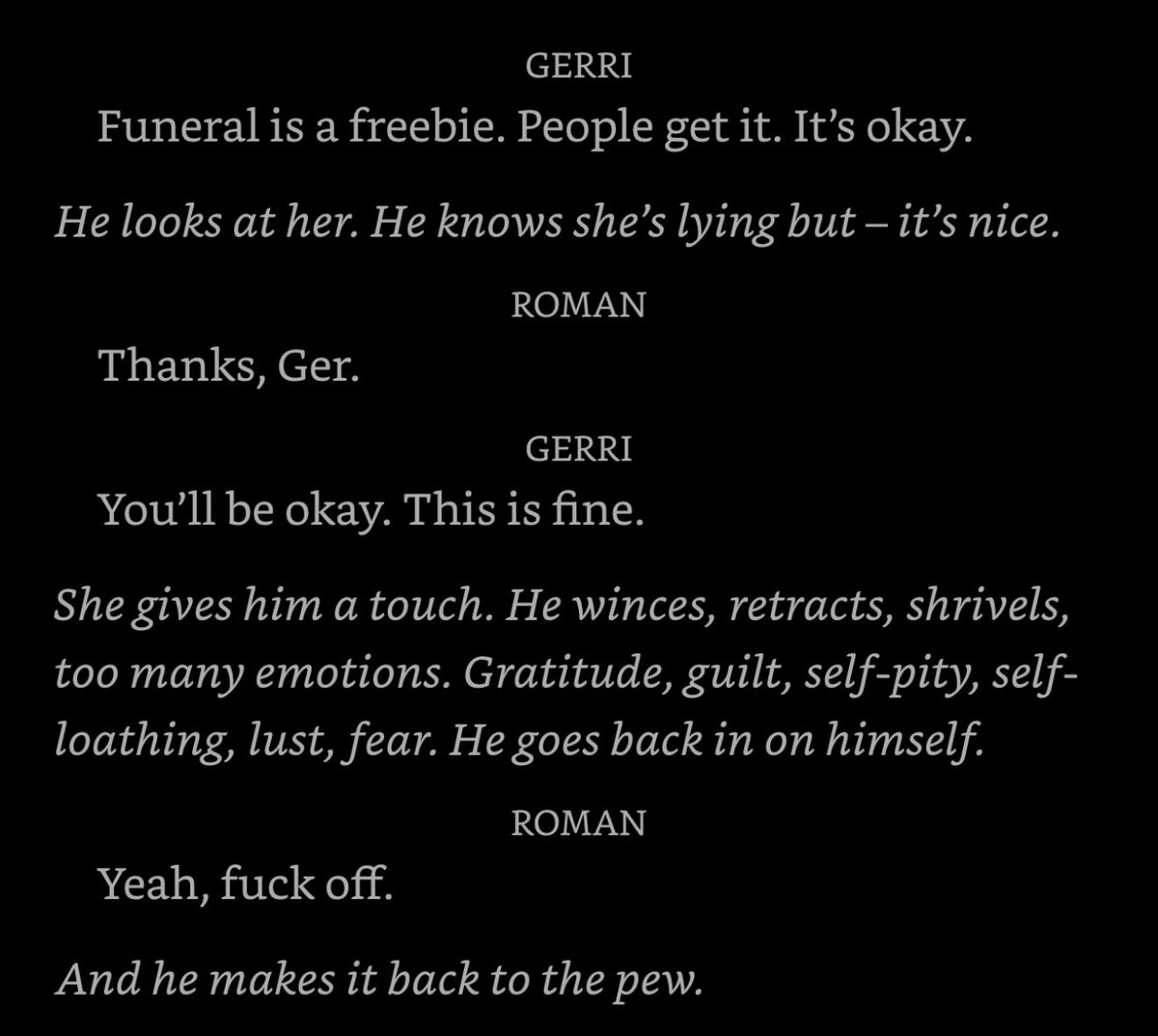 Lizwontcry's tweet image. Thinking about how Gerri could not stop herself from reaching out to comfort Roman when he needed her most, it will always be real to me