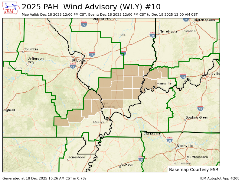 PWXEvansville's tweet photo. PAH issues Wind Advisory valid at Dec 18, 12:00 PM CST till Dec 19, 12:00 AM CST https://t.co/ZXxnL9aYnj https://t.co/DFpQxBC6Y5