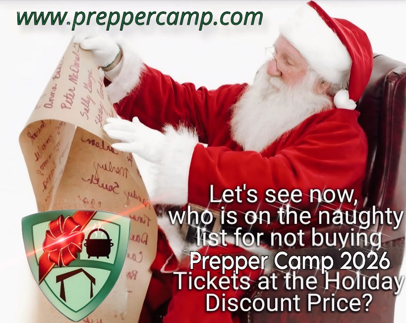 PrepperCamp's tweet image. Give the Gift that keeps on Giving.
Prepper Camp 2026 Tickets! August 14-16th

The "Biggest and Best - just got Bigger and Better!"

Huge New Venue with:
140 Hotel Rooms
55 Cabins
More RV Spots/Tent Camping!
7 Restaurants.
Holiday Discount Tickets on Sale!
preppercamp.com