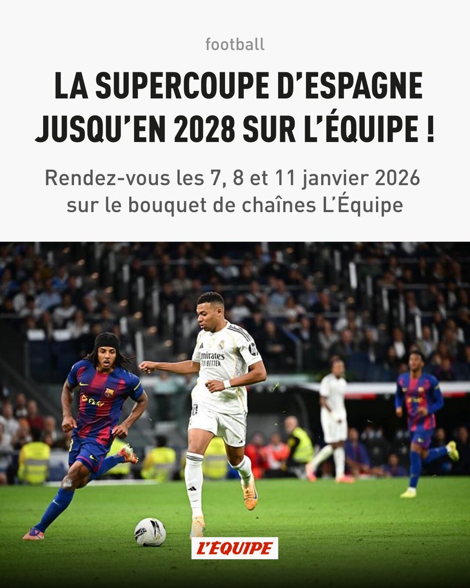 lequipe's tweet image. La belle histoire se poursuit entre L’Équipe et la Supercoupe d’Espagne !
Diffuseur de la compétition depuis la saison 2020-2021, L’Équipe renouvelle ses droits et diffusera en exclusivité les rencontres de la Supercoupe d’Espagne lors des trois prochaines saisons.