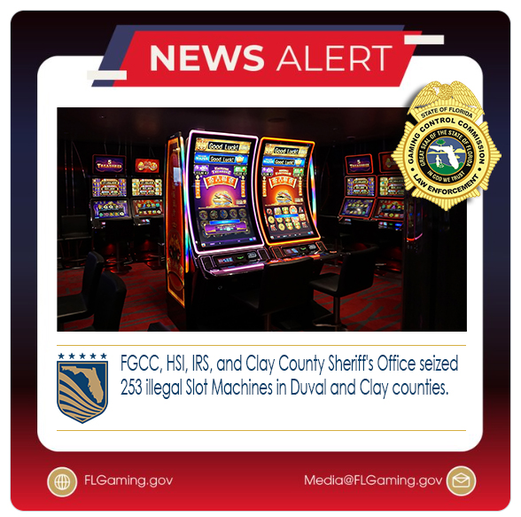 FLGamingControl's tweet image. FGCC seized 253 illegal slot machines in Northeast Florida working with the Clay County Sheriff's Office, Homeland Security, and the IRS. Read more here: flgaming.gov/news/