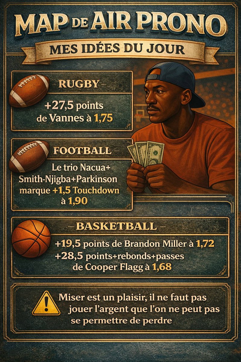 Salut l’équipe,

Pour mon retour je vous propose un nouveau format avec mes idées pour chaque jour sur chaque sport. 
En espérant que cela vous plairas 🫡.

Pour aujourd’hui (et cette nuit 🛌): 

#TeamParieur #FootUs #Nba #Rugby