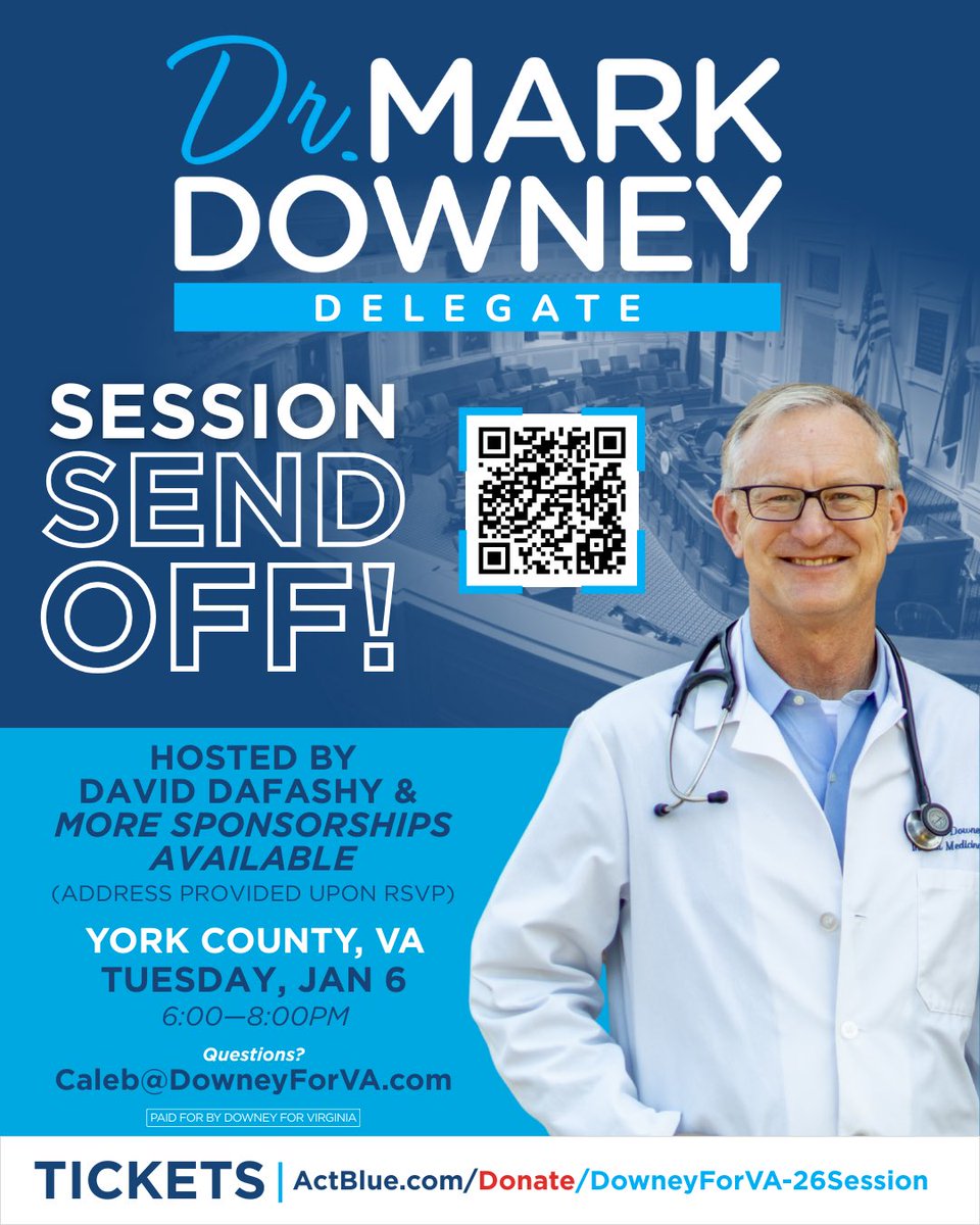 🚨: Join #TeamDowney next month for our SESSION SEND-OFF! Help ring in the new year with Delegate-Elect Downey, hear his priorities for the upcoming legislative session, and support a commonsense and children-first agenda. 

RSVP here ➡️ actblue.com/donate/downeyf…