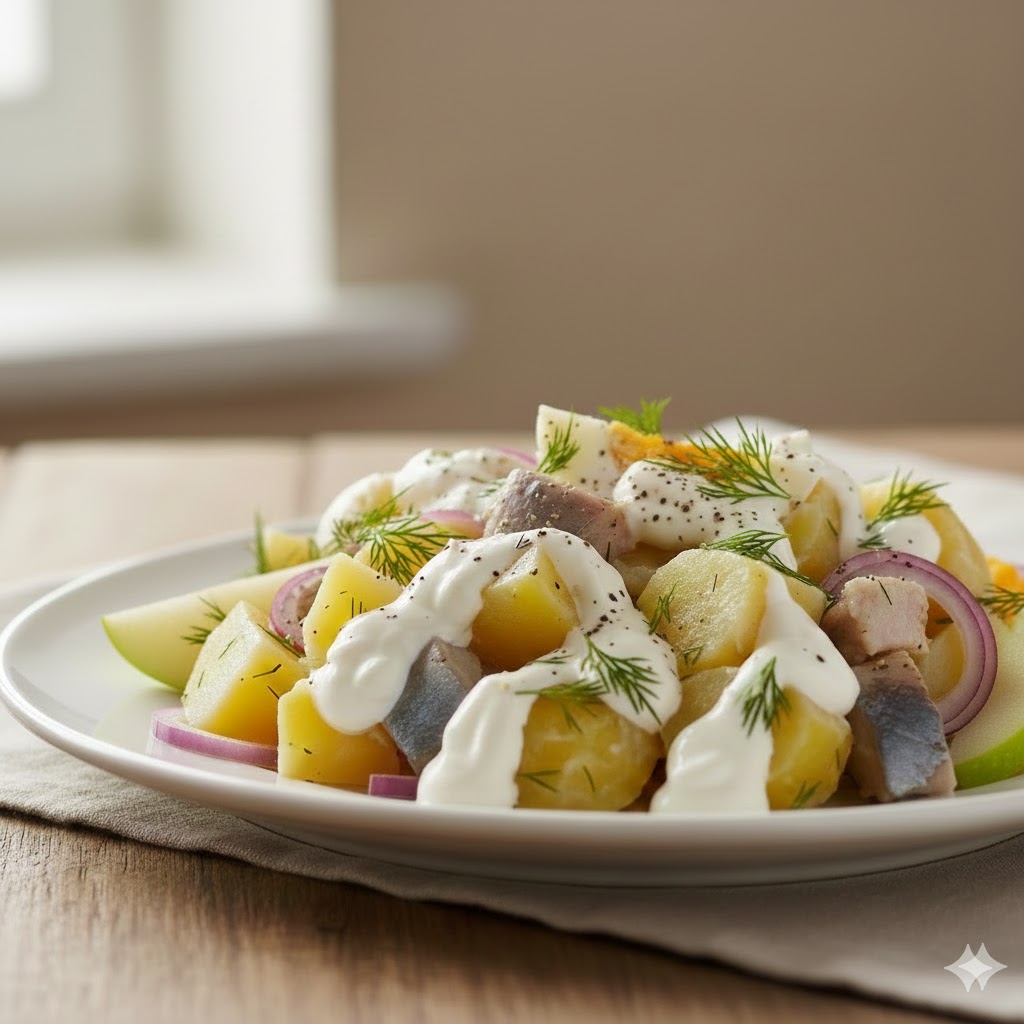 🥗 Салат «РИГА»
 Балтійська кухня — стримана й чесна.
У Ризі здавна поєднують рибу, картоплю та кислинку яблука.
Салат «Рига» — холодний, простий і дуже північний.
t.me/smachnogo_vam_…