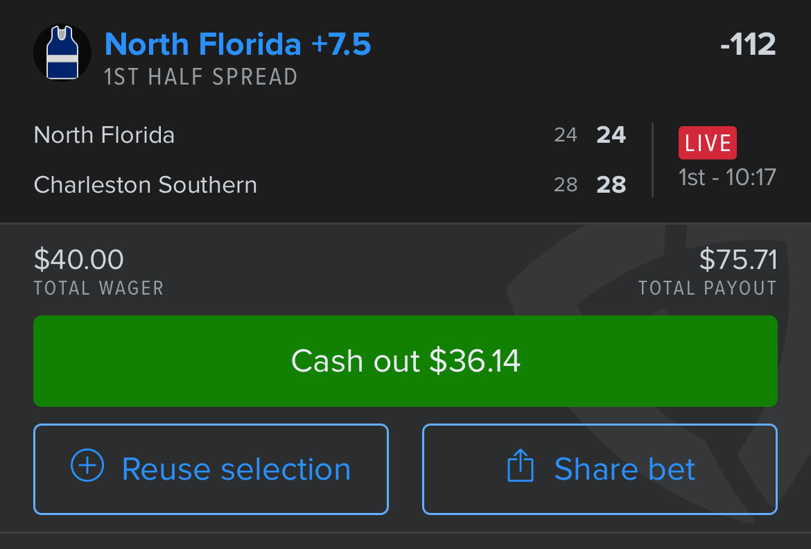CalebLcks's tweet photo. First pick of the day ⬇️

North Florida +7.5 1st Half Spread 🌤️ https://t.co/McmKJDEesF