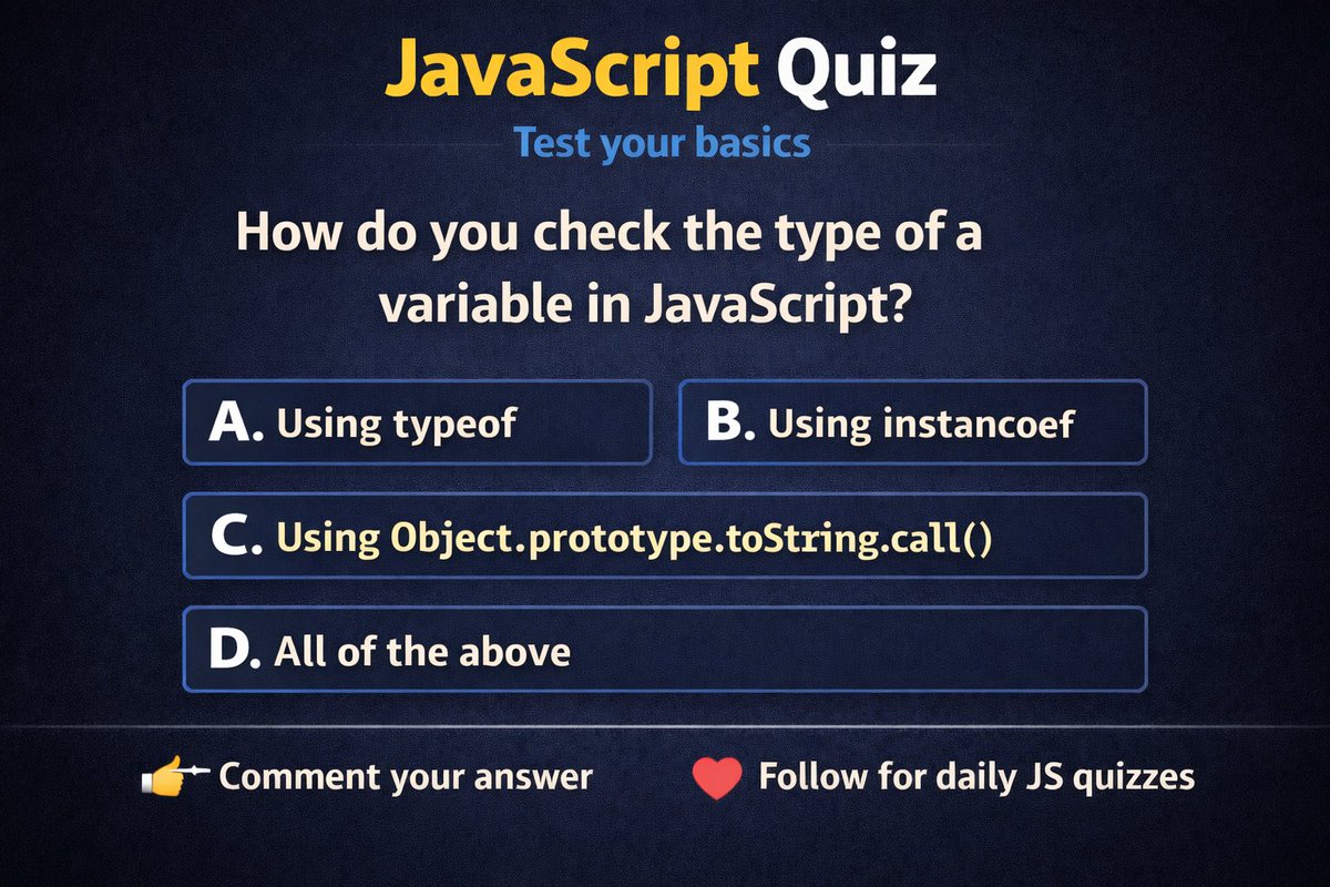 SmartLearnHub's tweet image. JavaScript Quiz 🧠
What’s your answer? 👇
#JavaScript
#CodingQuiz