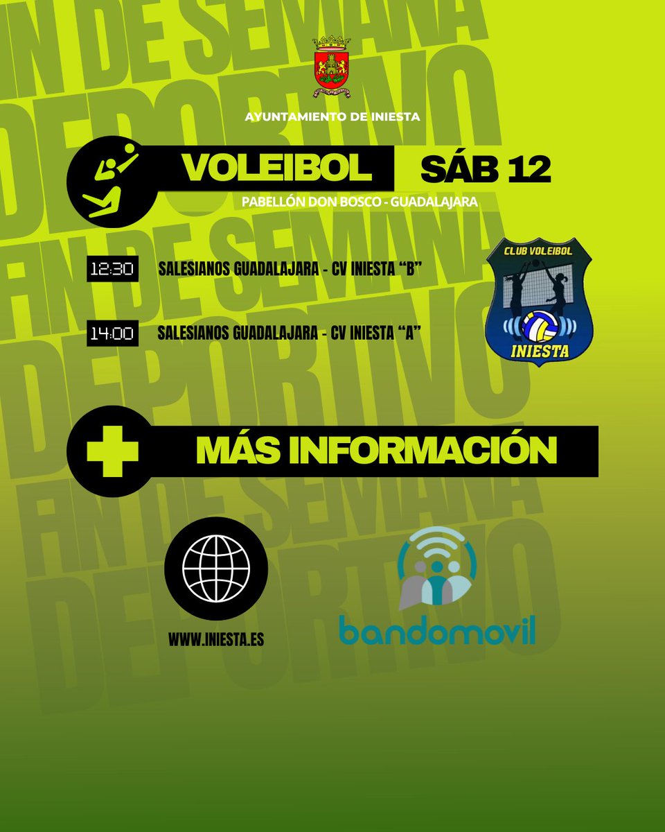 El deporte local se despide de 2025 este fin de semana

🏐El CV Iniesta se desplazará a Guadalajara para disputar la Liga Regional Voleibol Juvenil

⚽️El Iniestense Bp cierra el año en Caudete, los juveniles lo harán en casa ante el Atl. Tarazona y el equipo femenino en La Roda