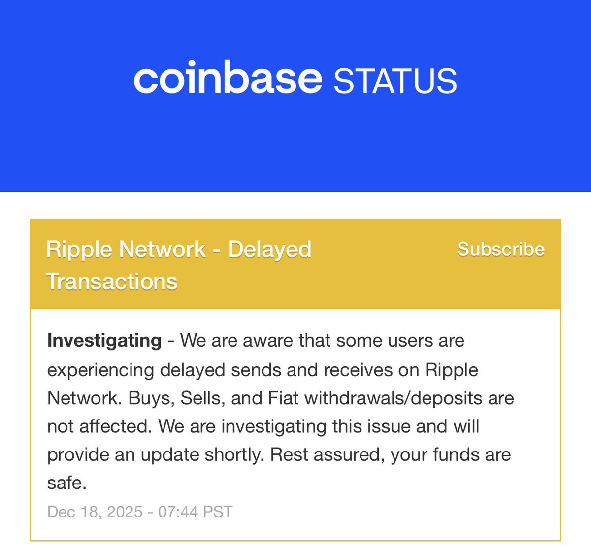 Vet_X0's tweet image. too early celebrated.

Coinbase is reporting degraded performance processing deposit and withdrawal with the XRP Ledger network.

This is at the same time as the new fix amendment went live and blocked lower version nodes.

@coinbase please make sure you run the current XRPL…