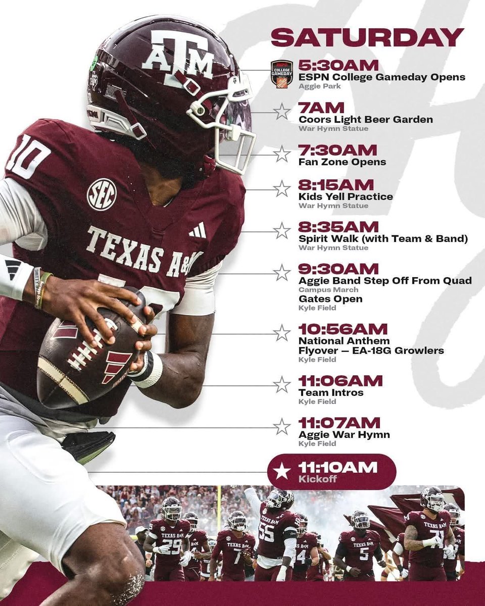 For Aggies lucky enough to be at the game - here’s the lowdown on all the happenings. For those of us not at Kyle Field…join us at the Fieldhouse in Leander at 11am! 
#BTHOmiami