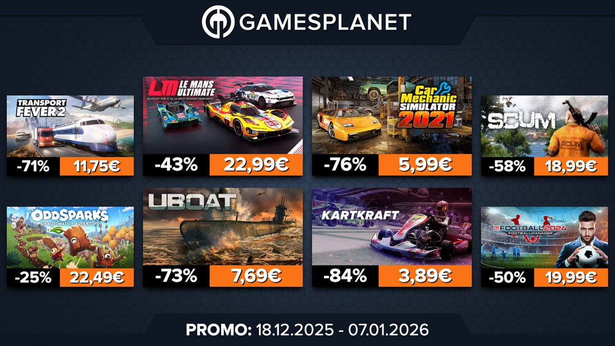 Nous lançons nos Soldes de Noël avec une débauche de réductions. Un exemple avec les 100+ jeux concernés par la promo Action &amp; Adventure, avec des jeux tels que #SCUM, Le Mans Ultimate et Sine Mora EX.

🥳 gplnk.com/games/offers/a…