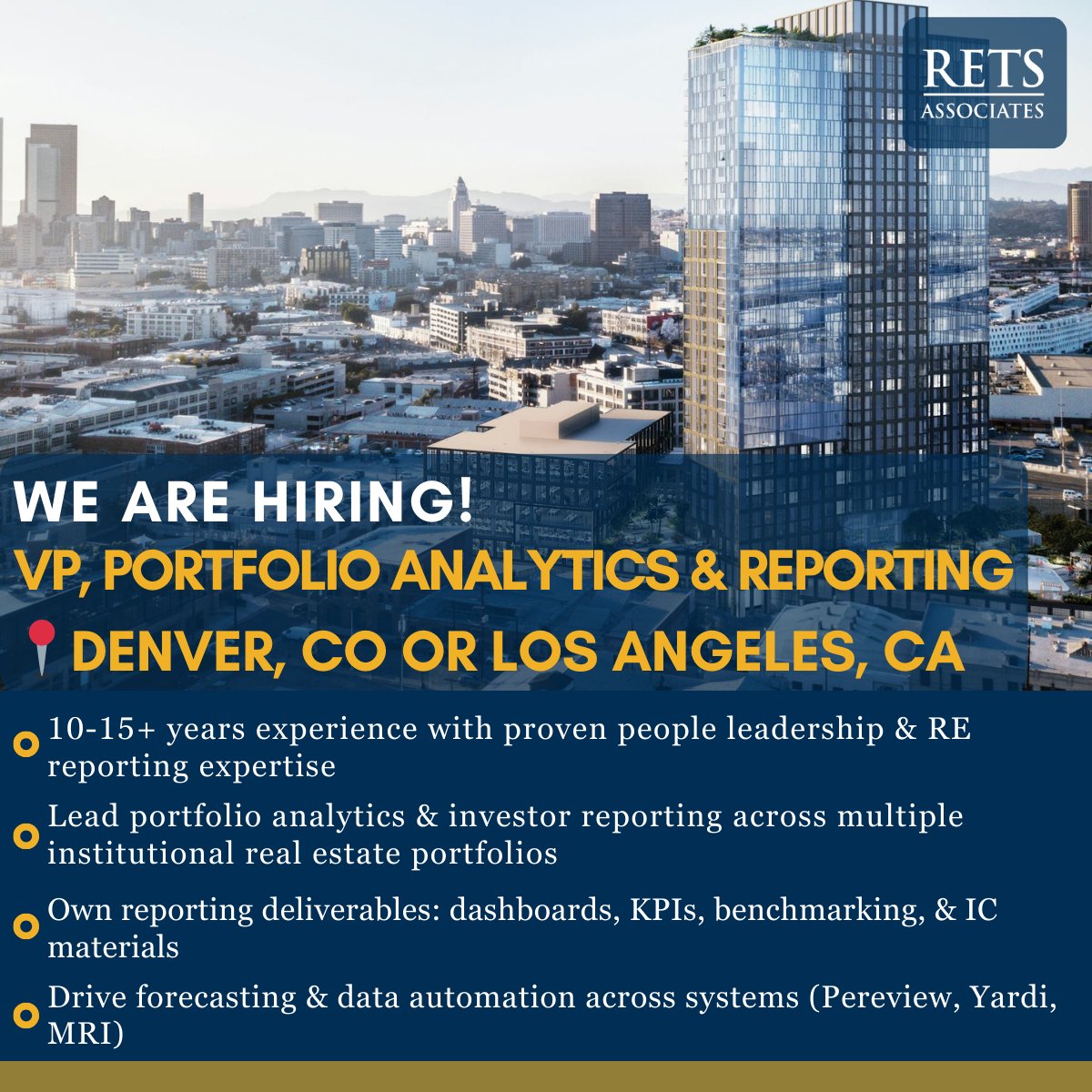 RETSAssociates's tweet photo. JOB ALERT 🚨 VP, Portfolio Analytics &amp; Reporting | Denver or LA. 

Lead portfolio analytics + investor reporting across large RE portfolios. Scale team + drive automation. 

Contact Christa Brillhart: christa@retsusa.com
Apply https://t.co/Njlps400qE

 #CRE https://t.co/riuOeuco0a