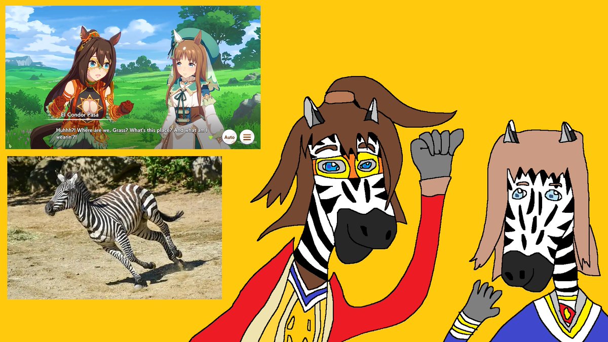 HuyColin's tweet photo. I draw and put two pictures of El Condor Pasa and Grass Wonder and Plains Zebra and they are as Plains Zebras of Uma Musume animal horse anime art fun, it's different than Bang Dream, Revue Starlight and D4DJ anime animal arts of @Chu2Munchkin, @BandoriCats and @mocarenas. https://t.co/tByPxlLdeS