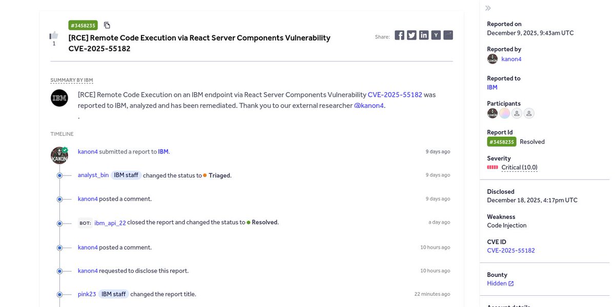 h1Disclosed's tweet image. ⚡ [RCE] Remote Code Execution via  React Server Components Vulnerability CVE-2025-55182 
👨🏻‍💻 @xtkanon ➟ IBM 
🆘 Critical
💰 None
🔗 hackerone.com/reports/3458235
#bugbounty #bugbountytips #cybersecurity #infosec