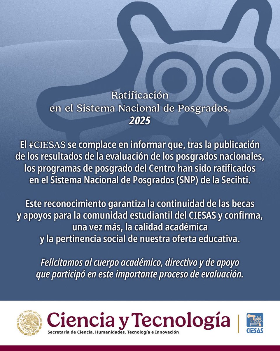 🎉 Felicitamos a la #ComunidadCIESAS por su participación en el proceso de Ratificación en el Sistema Nacional de Posgrados.
Para el público en general que desee conocer nuestras convocatorias, actualmente contamos con posgrados abiertos.🤳 ciesas.edu.mx/v/PosgradosCIE…
#OrgulloCIESAS
