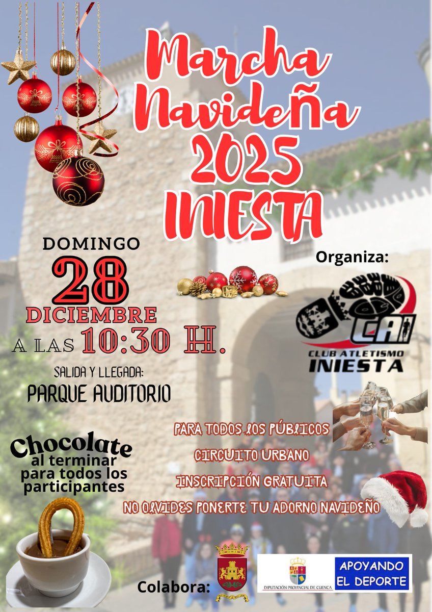 Termina el año corriendo por Iniesta con la Marcha Navideña del Club de Atletismo Iniesta 🏃

📆Domingo 28
📌Parque del Auditorio
🕝10:30h

🧑‍🎄Disfrázate, haz gala de tu mejor outfit navideño y termina la mañana con unos churros con chocolate ☕️ ¿se te ocurre un plan mejor?