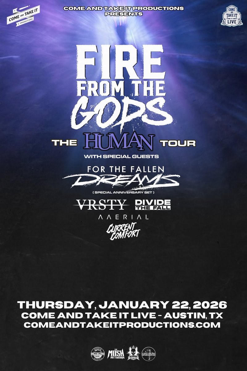 CurrentComfort's tweet photo. 🚨 FIRST SHOW OF 2026! 🚨 
We’ll be setting off the Austin,TX date of The Human Tour with @FireFromtheGods @FTFDband @vrsty_nyc @dividethefallmn and Aaerial on 1/22 at @catilive .
Ticket link below
👇 👇 👇 
Photo Credit: @reillyjude https://t.co/ALsksgvYGI