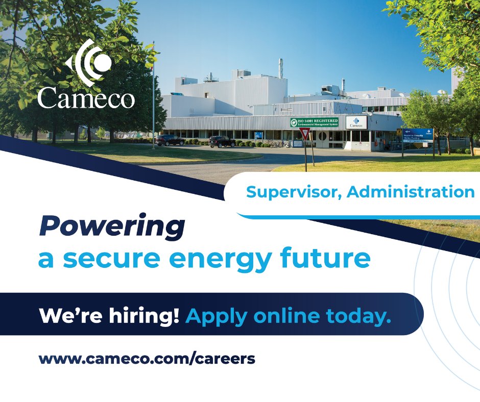 Energize your career with Cameco and help us to power a secure energy future. The Blind River Refinery currently has an open position for a Supervisor, Administration. 
Apply online today! ow.ly/sgRC50XLyfS