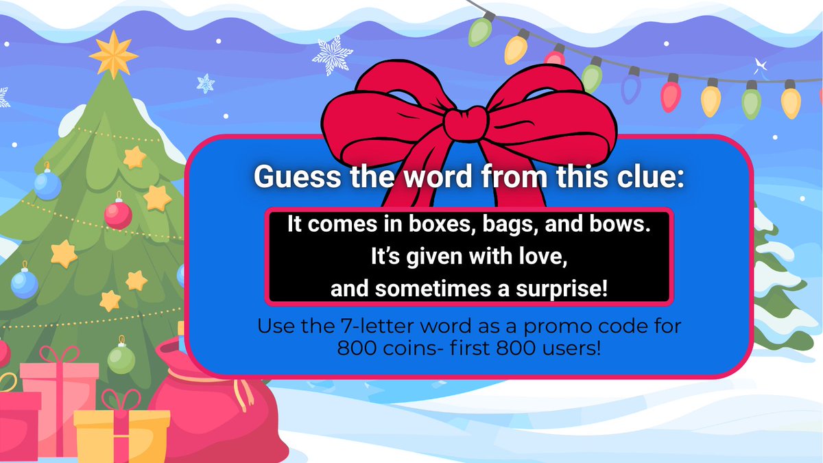 CointiplyFaucet's tweet image. 🎁 Guess the word from this clue:

It comes in boxes, bags, and bows.
It’s given with love,
and sometimes a surprise!

Use the 7-letter word as a promo code- first 800 users get 800 coins!
#HolidayBonus #CointiplyChallenge #GuessTheWord