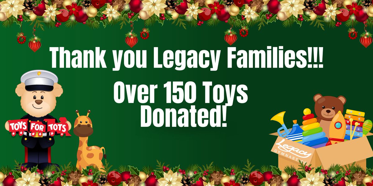 Legacy_Gym's tweet photo. We want to thank all of the families that donated to our 15th annual Toys for Tots drive. This year we donated over 150 toys to families in Minnesota! Thank you for your support!
#legacygymnastics #toysfortots #gymlegacy https://t.co/HscAjhh6SI