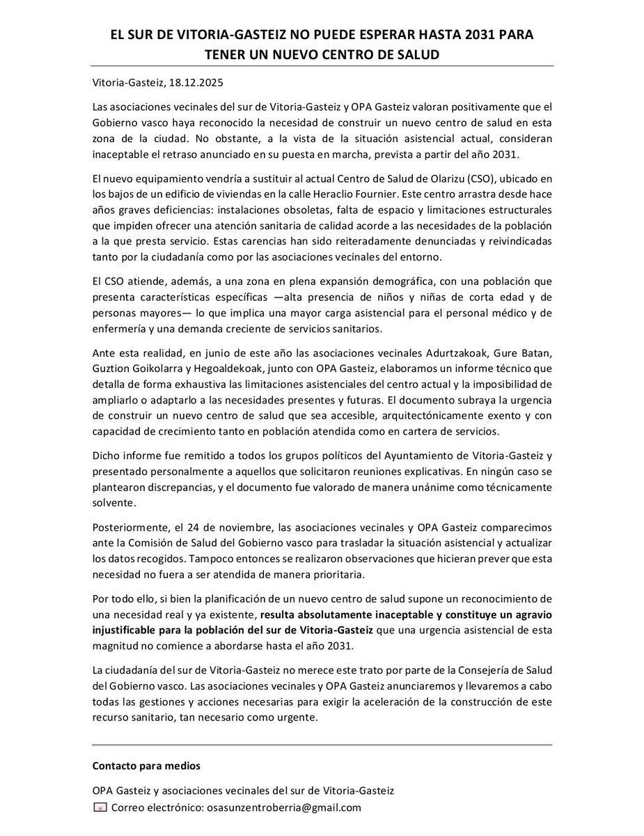 El sur de Vitoria-Gasteiz no puede esperar hasta 2031 para tener un nuevo centro de salud 
<a href="/elcorreo_alava/">El Correo Álava</a> <a href="/gasteizhoy/">Gasteiz Hoy</a> <a href="/GasteizBerri/">GasteizBerri</a> <a href="/vitoriagasteiz/">Vitoria-Gasteiz!</a>
