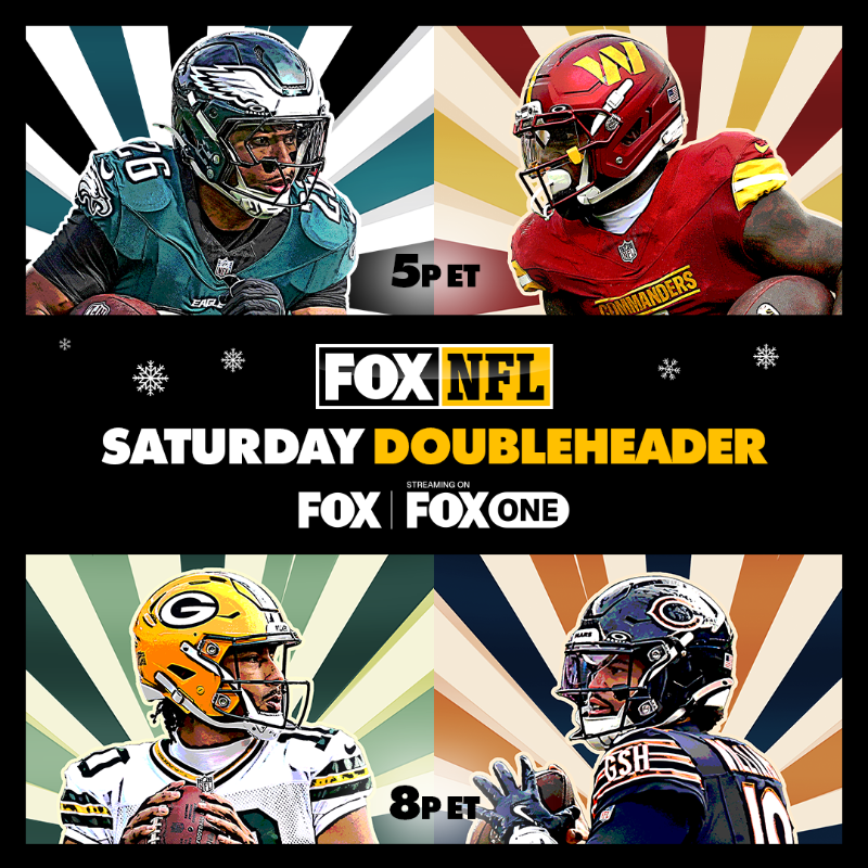 NFLonFOX's tweet photo. Eagles vs Commanders at 5p ET. Packers vs Bears at 8p ET. Two games, one night. Don’t miss the doubleheader.