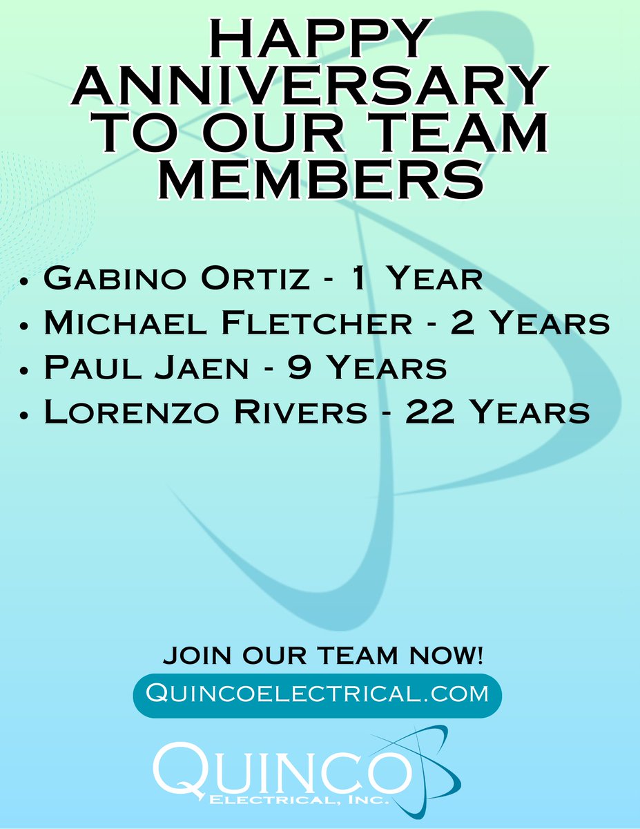We am thrilled to extend our heartfelt congratulations to you on reaching this significant milestone with Quinco Electrical. Your journey with us has been marked by dedication, perseverance, and outstanding contributions, and it's only fitting that we take a moment to celebrate.