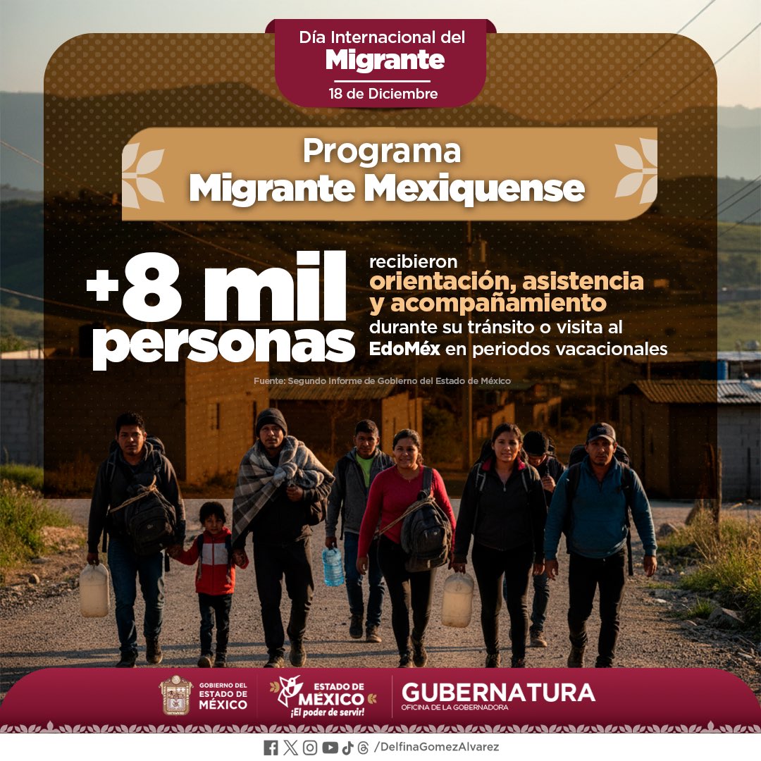 delfinagomeza's tweet photo. ✨Reconocemos el esfuerzo de las y los migrantes #mexiquenses que salen de sus comunidades para dar bienestar a sus familias.
Desde el Estado de México reafirmamos nuestro compromiso con una política migratoria humana, solidaria y efectiva, que les acompaña y garantiza su derecho a una vida digna. 
#ElPoderDeServir